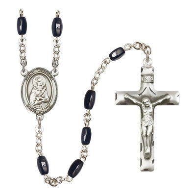 St. Victoria 8x5mm Black Onyx Bead Catholic Rosary with Pewter Centerpiece and Crucifix, Bliss Manufacturing