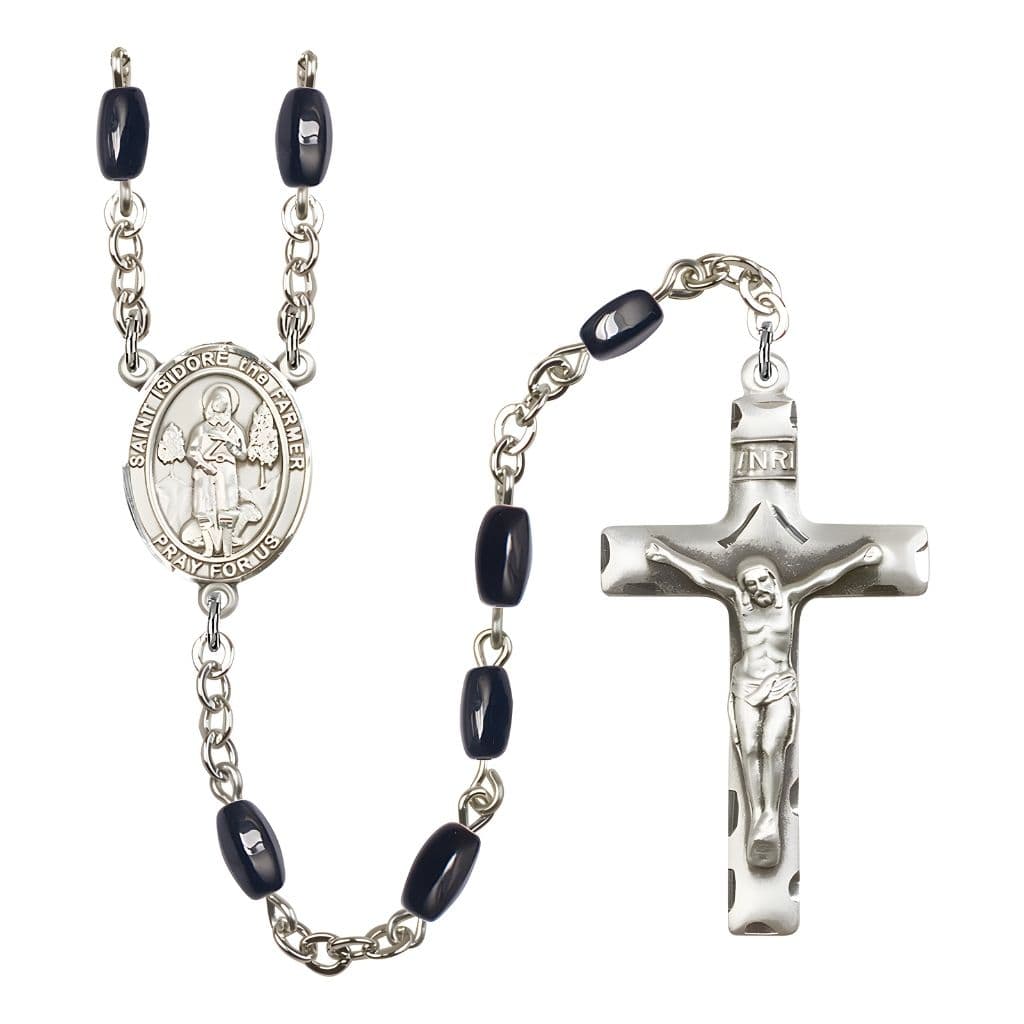 Bliss St. Isidore the Farmer 8x5mm Black Onyx Bead Rosary with Pewter Centerpiece and Crucifix, Gift Box.