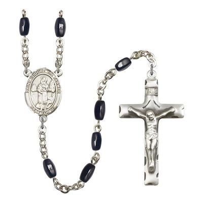 St. Isidore the Farmer 8x5mm Black Onyx Bead Rosary with Pewter Centerpiece and Crucifix, Gift Box, Bliss Manufacturing
