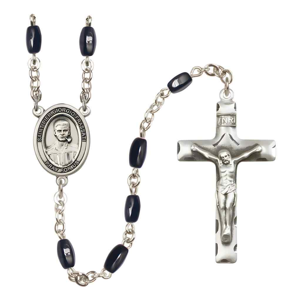 Saint Pier Giorgio Frassati 8x5mm Black Onyx Bead Rosary with Pewter Centerpiece and Crucifix in Gift Box, Made in USA by Bliss Manufacturing
