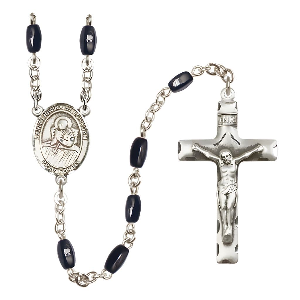 Bliss St. Lidwina of Schiedam 8x5mm Black Onyx Bead Catholic Rosary with Pewter Centerpiece and Crucifix
