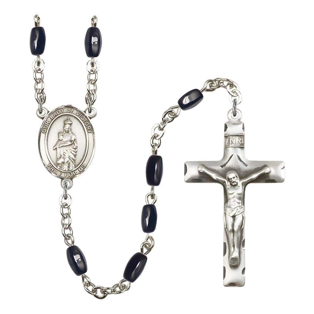 Bliss Catholic Our Lady of Victory 8x5mm Black Onyx Bead Silver-plated Rosary with Pewter Centerpiece and Crucifix