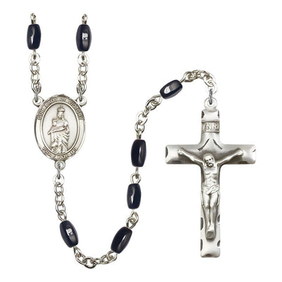 Catholic Our Lady of Victory 8x5mm Black Onyx Bead Silver-plated Rosary with Pewter Centerpiece and Crucifix, Bliss Manufacturing