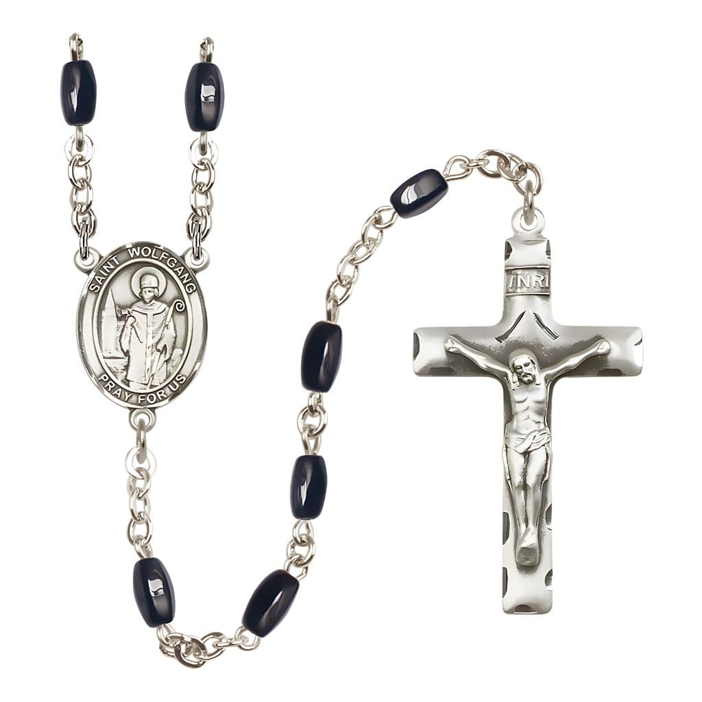 Bliss St. Wolfgang 8x5mm Black Onyx Bead Silver-plated Rosary with Pewter Centerpiece and Crucifix