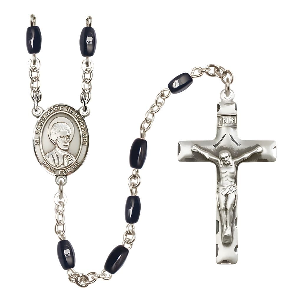 Bliss St. Louis Marie de Montfort 8x5mm Black Onyx Bead Catholic Rosary with Pewter Centerpiece and Crucifix