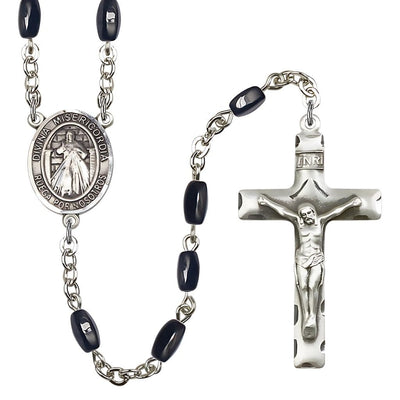 Spanish Jesus Divine Mercy 8x5mm Black Onyx Bead Catholic Rosary with Pewter Centerpiece and Crucifix, Bliss Manufacturing