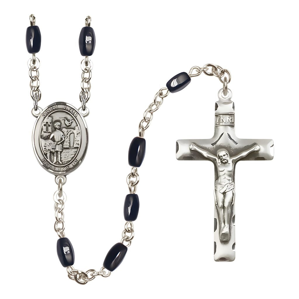 Bliss St. Vitus 8x5mm Black Onyx Bead Catholic Rosary with Pewter Centerpiece and Crucifix