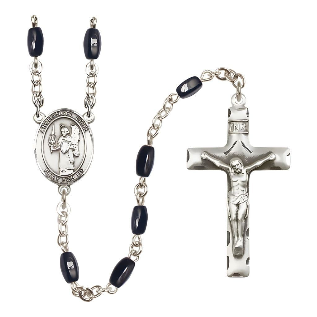 St. Uriel the Archangel 8x5mm Black Onyx Catholic Rosary with Pewter Centerpiece and Crucifix