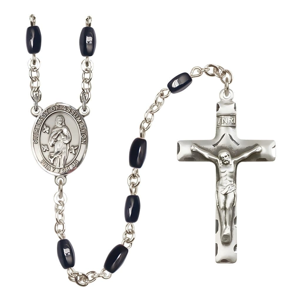Our Lady of Assumption 8x5mm Black Onyx Bead Silver-plated Rosary with Pewter Centerpiece and Crucifix

