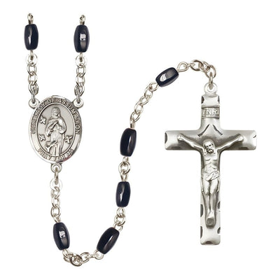 Our Lady of Assumption 8x5mm Black Onyx Bead Silver-plated Rosary with Pewter Centerpiece and Crucifix, Bliss Manufacturing