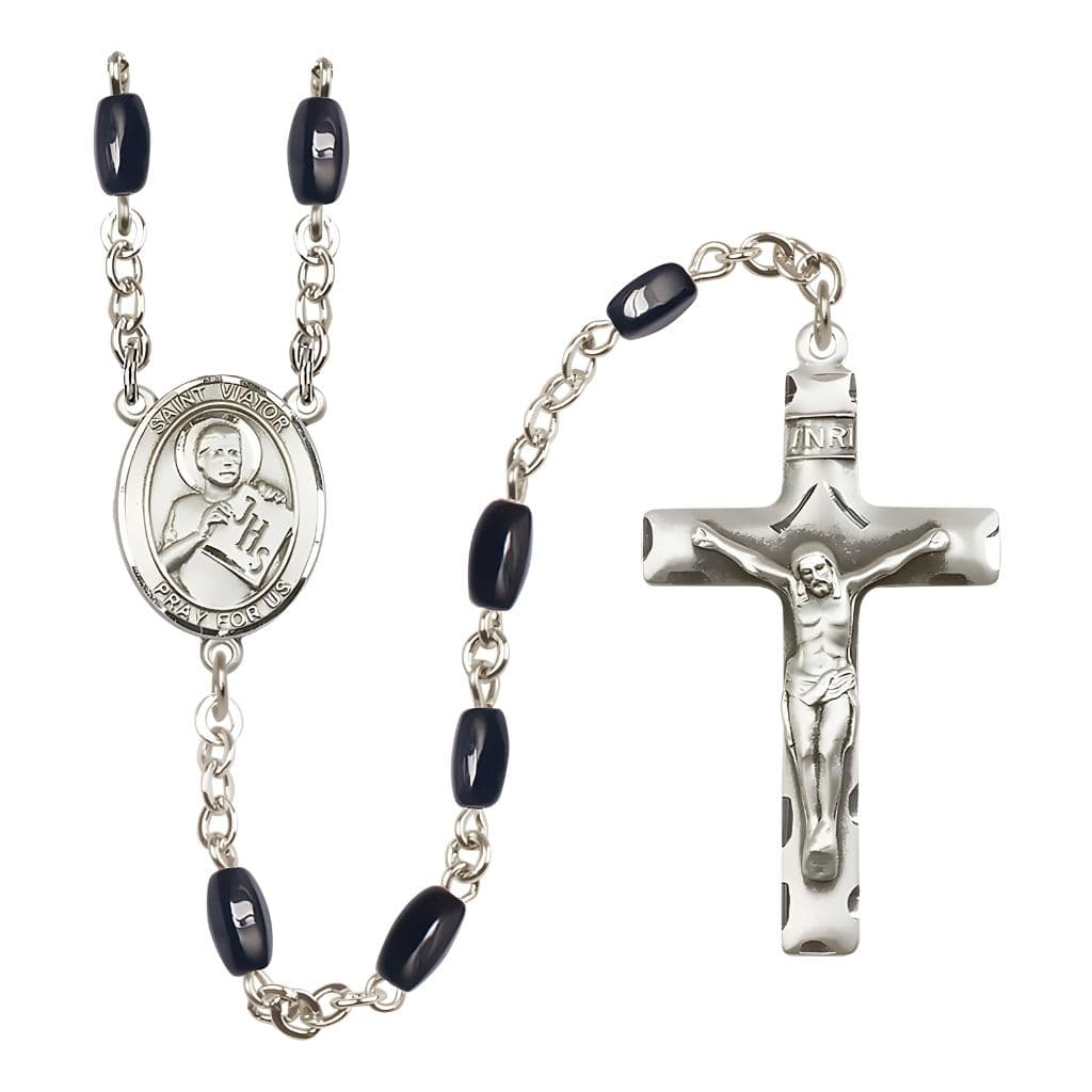 Bliss St. Viator of Bergamo 8x5mm Black Onyx Bead Catholic Rosary with Pewter Centerpiece and Crucifix