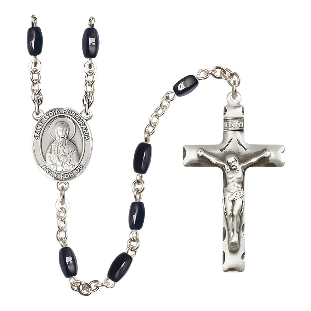 Bliss St. Lydia Purpuraria 8x5mm Black Onyx Bead Catholic Rosary with Pewter Centerpiece and Crucifix