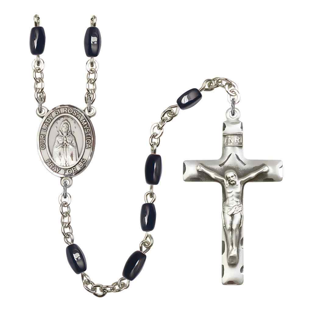 Our Lady of Rosa Mystica 8x5mm Black Onyx Bead Rosary with Pewter Centerpiece and Crucifix, Gift Box.