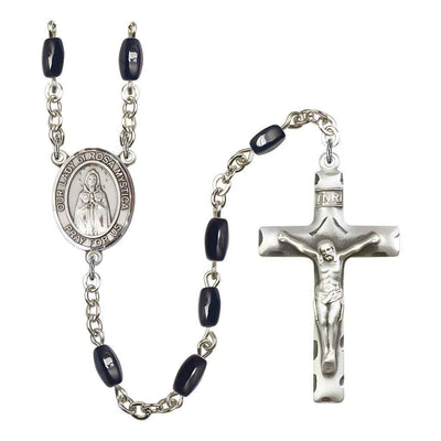 Our Lady of Rosa Mystica 8x5mm Black Onyx Bead Rosary with Pewter Centerpiece and Crucifix, Gift Box.