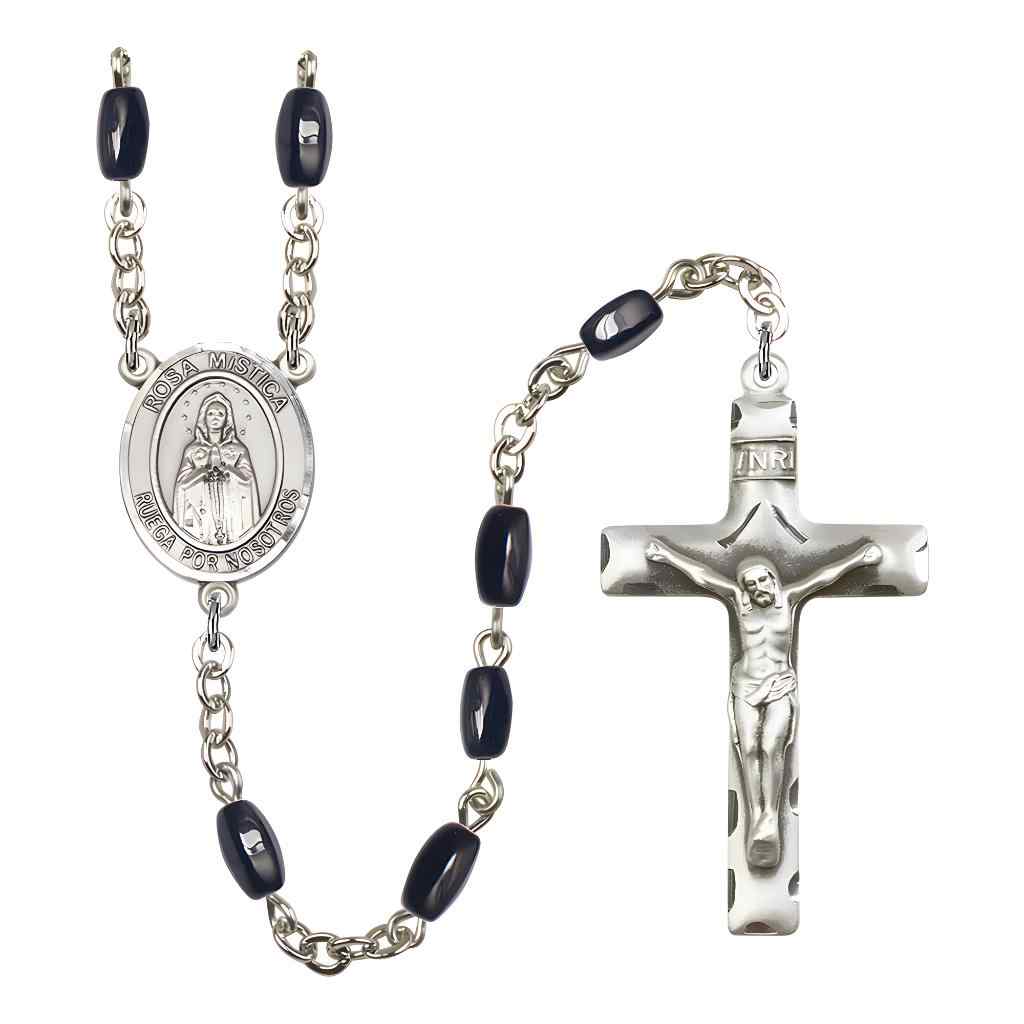 Spanish Rosa Mystica 8x5mm Black Onyx Bead Rosary with Pewter Centerpiece and Crucifix, Gift Box.