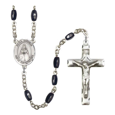 Spanish Rosa Mystica 8x5mm Black Onyx Bead Rosary with Pewter Centerpiece and Crucifix, Gift Box.