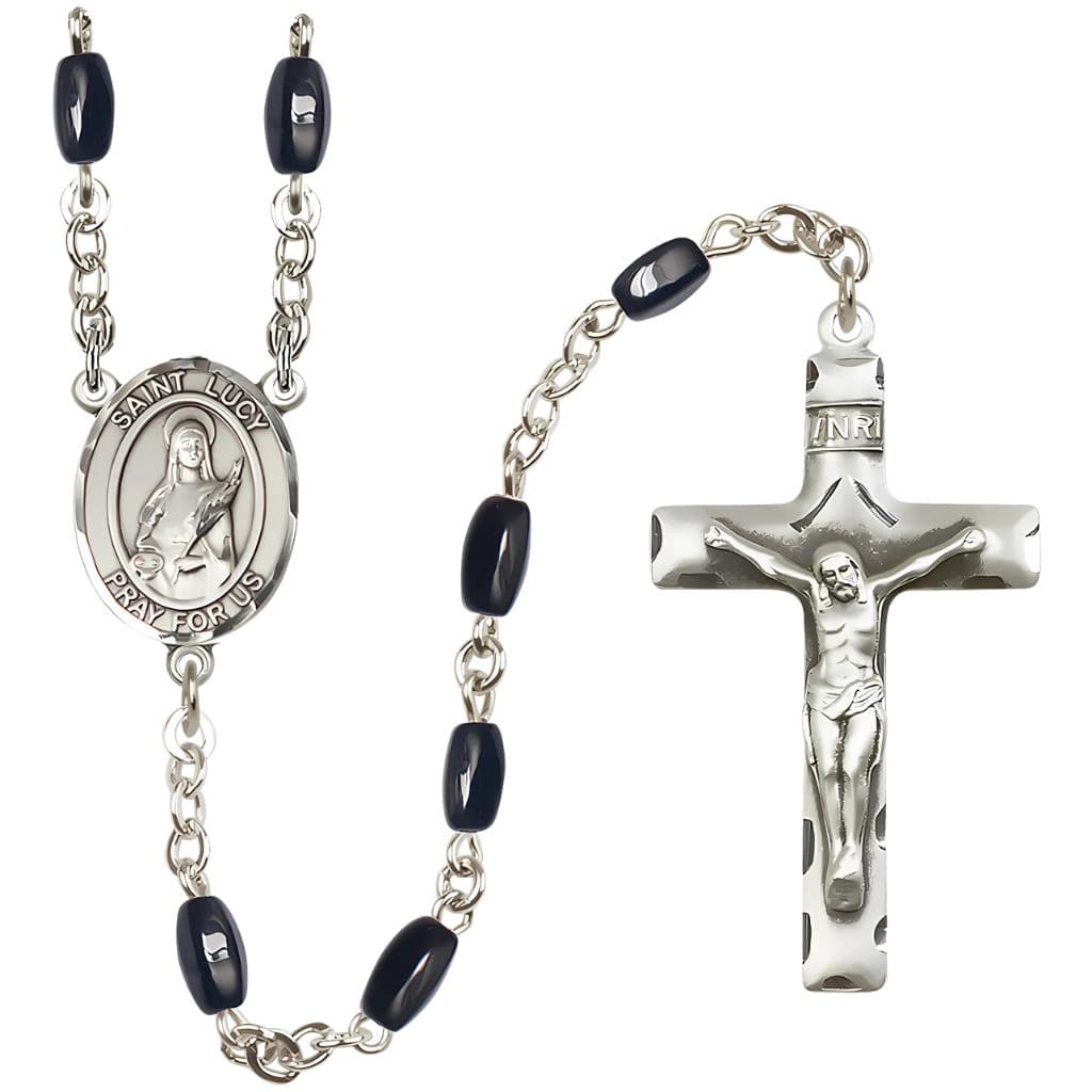 Bliss St. Lucy 8x5mm Black Onyx Bead Catholic Rosary with Pewter Centerpiece and Crucifix