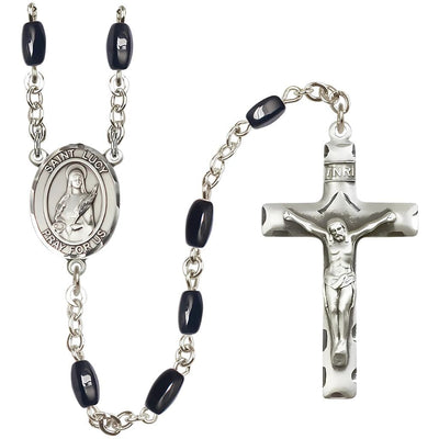 St. Lucy 8x5mm Black Onyx Bead Catholic Rosary with Pewter Centerpiece and Crucifix, Bliss Manufacturing