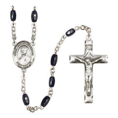 St. Andre Bessette 8x5mm Black Onyx Bead Catholic Rosary with Pewter Centerpiece and Crucifix, Bliss Manufacturing