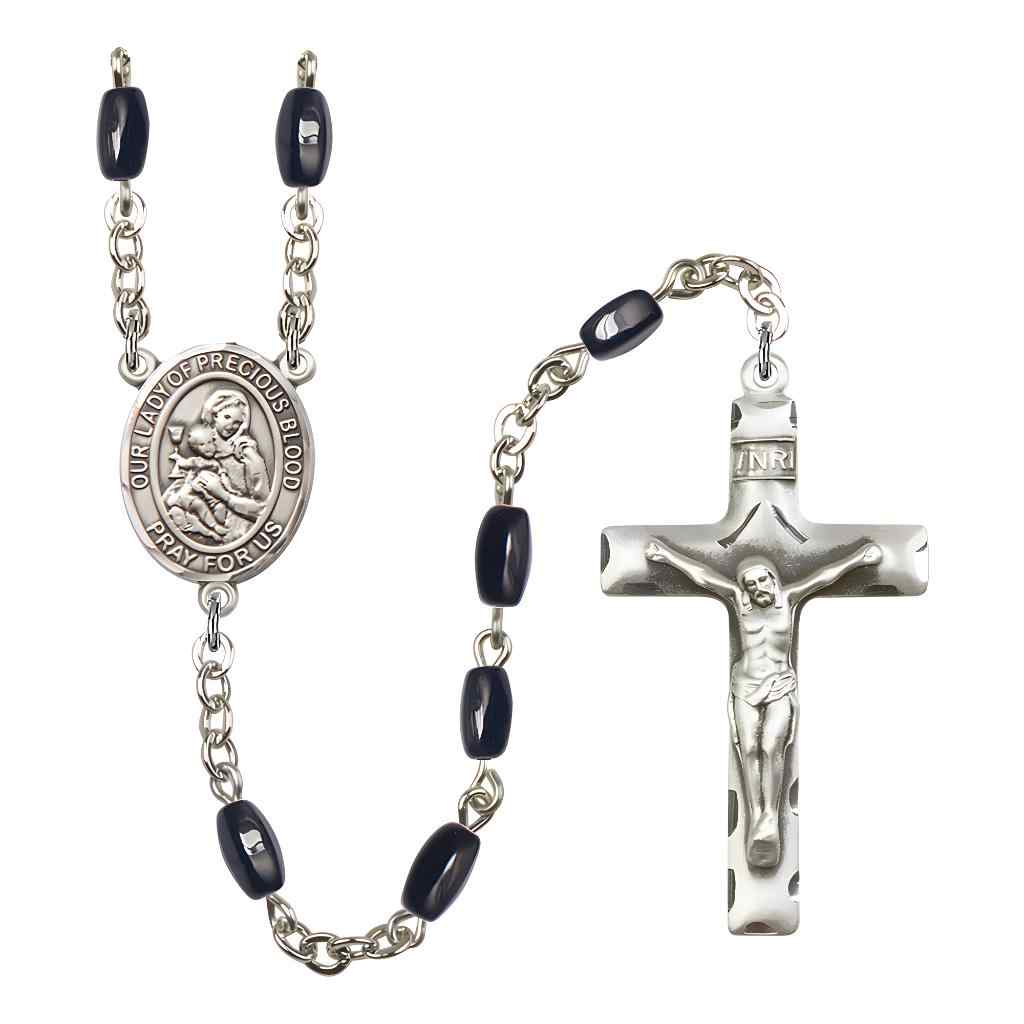 Our Lady of the Precious Blood 8x5mm Black Onyx Bead Rosary with Pewter Centerpiece and Crucifix, Gift Box.