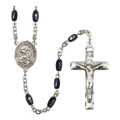 Our Lady of the Precious Blood 8x5mm Black Onyx Bead Rosary with Pewter Centerpiece and Crucifix, Gift Box.