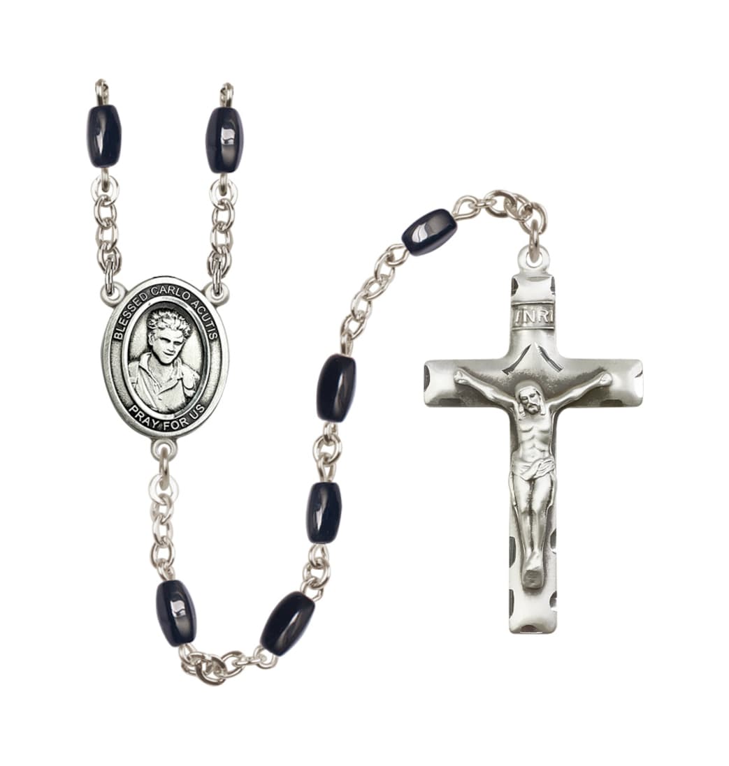 Bliss Blessed Carlo Acutis 8x5mm Black Bead Silver-Plated Rosary,