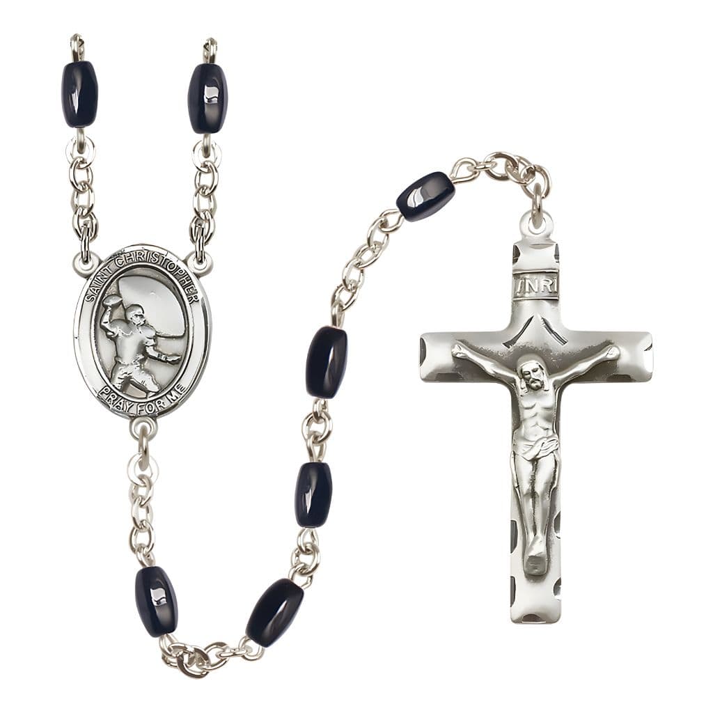 Bliss St. Christopher Football 8x5mm Black Onyx Bead Catholic Rosary with Pewter Centerpiece and Crucifix