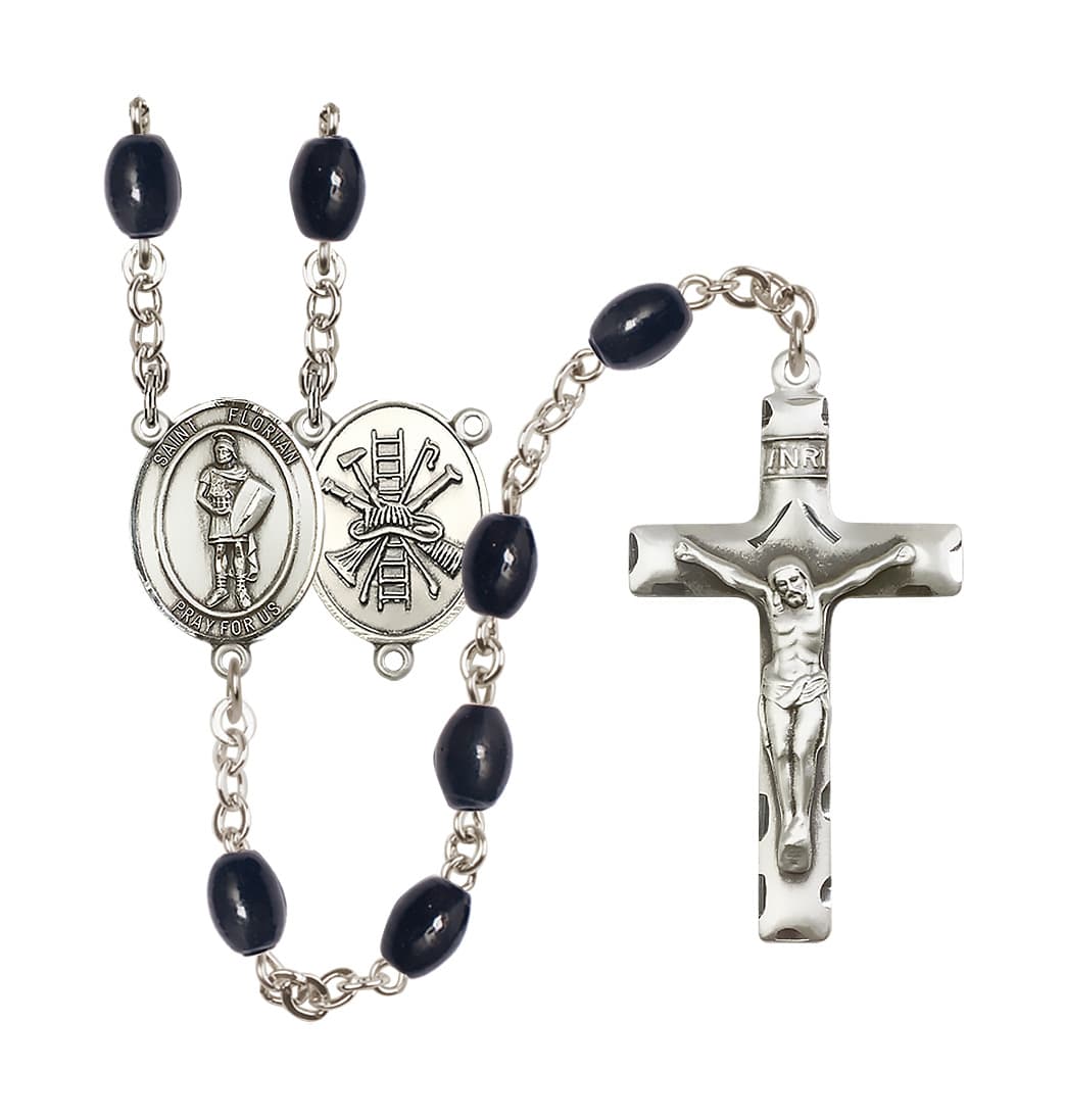 Bliss St Florian Firefighter 8x6mm Black Bead Silver-Plated Rosary,R6006S-8034S14,