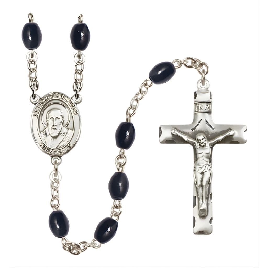 Bliss St. Francis de Sales 8x6mm Black Onyx Catholic Rosary with Pewter Centerpiece and Crucifix