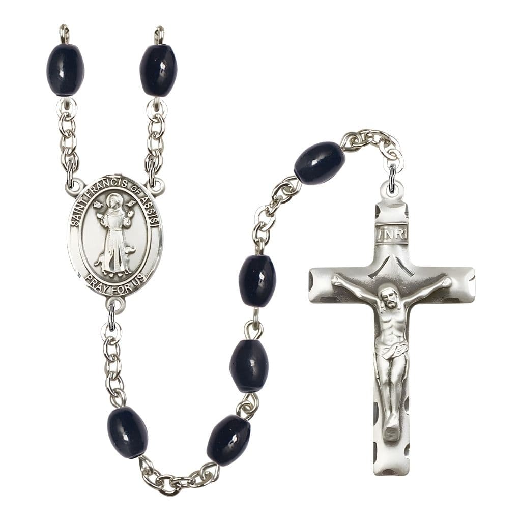Bliss St. Francis of Assisi 8x6mm Black Onyx Bead Silver-plated Rosary with Pewter Centerpiece and Crucifix, USA Made