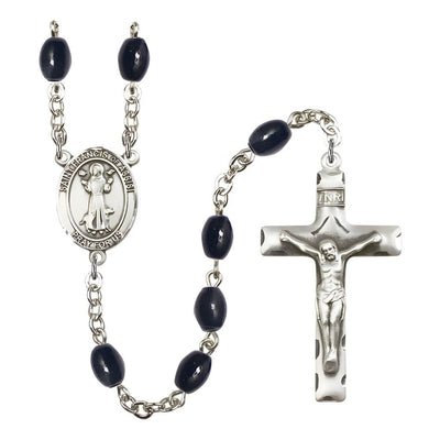 St. Francis of Assisi 8x6mm Black Onyx Bead Silver-plated Rosary with Pewter Centerpiece and Crucifix, USA Made, Bliss Manufacturing