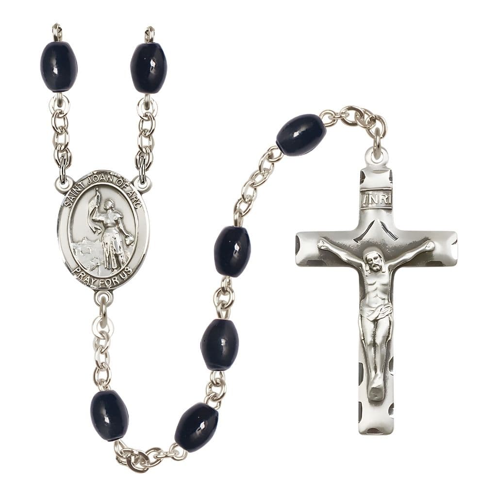 Bliss St. Joan of Arc 8x6mm Black Onyx Bead Rosary with Pewter Centerpiece and Crucifix, Gift Box.