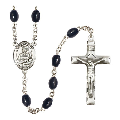 St. Lawrence 8x6mm Black Onyx Bead Silver-plated Rosary with Pewter Crucifix and Centerpiece, Bliss Manufacturing