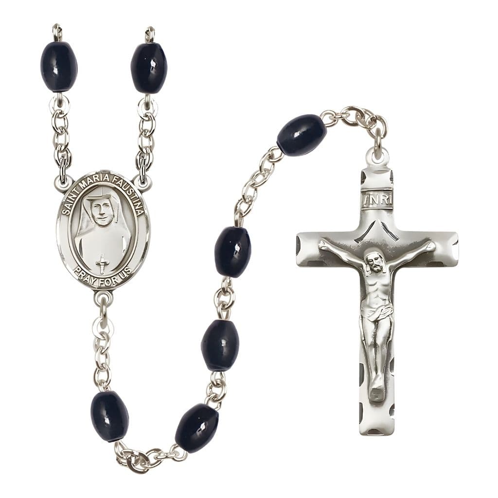 Bliss St. Maria Faustina 8x6mm Black Onyx Bead Silver-plated Rosary with Pewter Centerpiece and Crucifix,