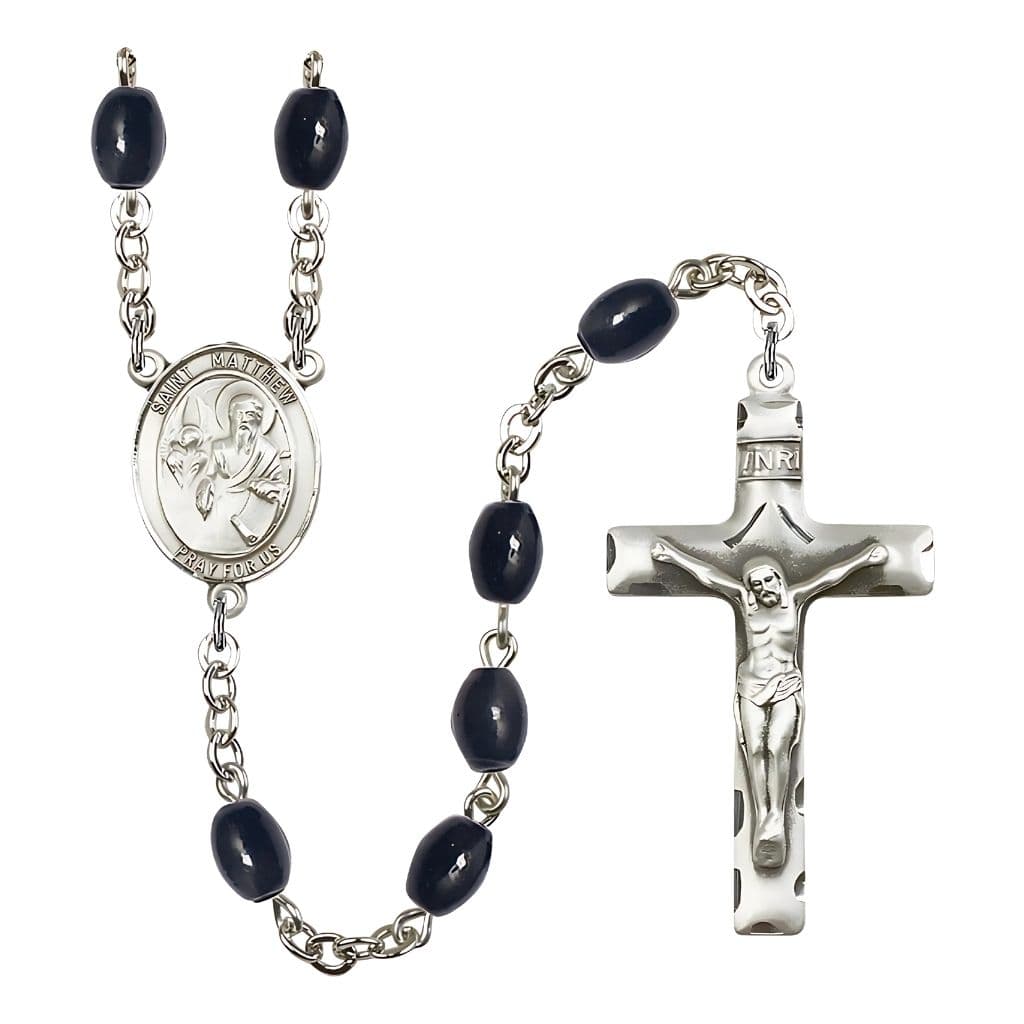 Bliss St. Matthew the Apostle 8x6mm Black Onyx Bead Silver-plated Rosary with Pewter Center and Crucifix