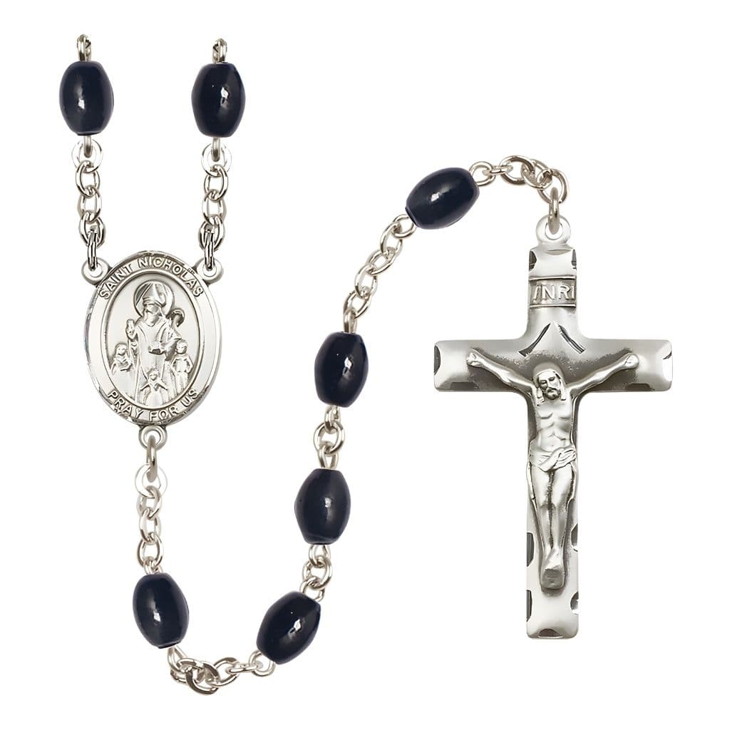 Bliss Catholic St. Nicholas 8x6mm Black Onyx Bead Silver-Plated Rosary with Pewter Centerpiece and Crucifix