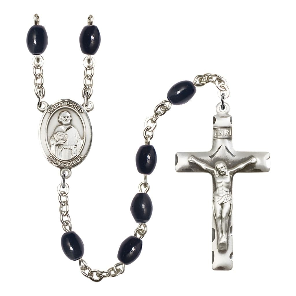 Bliss St. Philip the Apostle 8x6mm Black Onyx Bead Rosary with Pewter Centerpiece and Crucifix, Gift Box.
