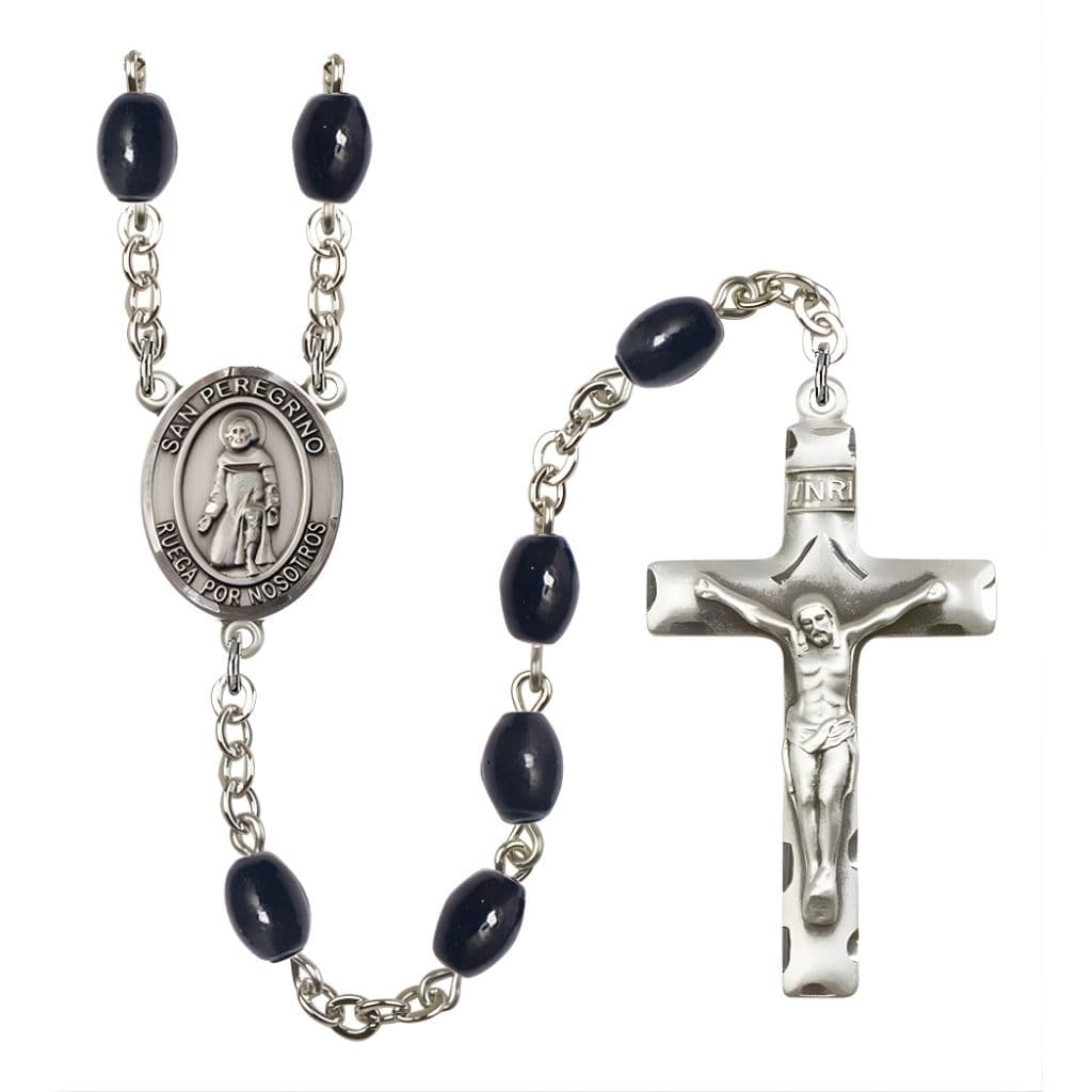 Bliss Spanish San Peregrino 8x6mm Black Onyx Bead Rosary with Pewter Centerpiece and Crucifix, Gift Box.