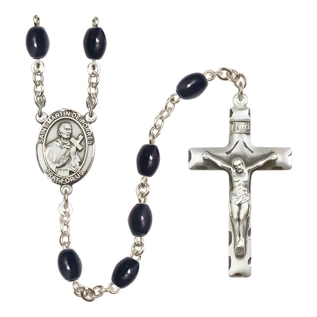 Saint Martin de Porres 8x6mm Black Onyx Bead Rosary with Pewter Centerpiece and Crucifix in Gift Box, Made in USA by Bliss Manufacturing