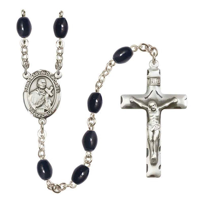 Saint Martin de Porres 8x6mm Black Onyx Bead Rosary with Pewter Centerpiece and Crucifix in Gift Box, Made in USA by Bliss Manufacturing