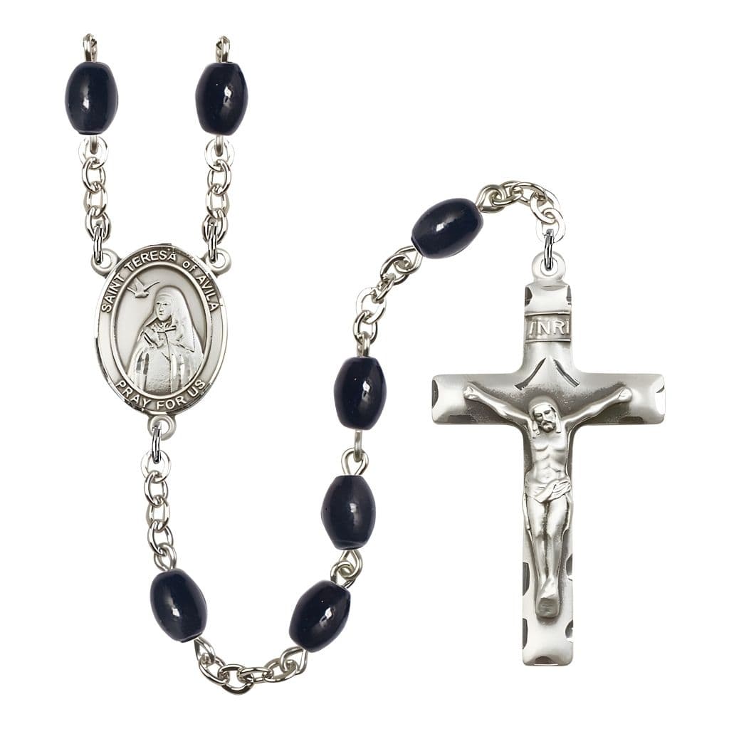 Bliss St. Teresa of Avila Rosary with 8x6mm Black Onyx beads and pewter centerpiece and crucifix