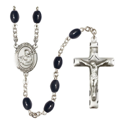 St. Thomas Aquinas 8x6mm Black Onyx Catholic Rosary with Pewter Centerpiece and Crucifix, Bliss Manufacturing