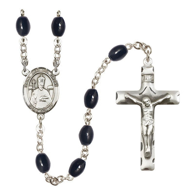 St. Leo the Great Engravable 8x6mm Brown Glass Bead Silver-plated Rosary with Pewter Crucifix and Centerpiece, Bliss Manufacturing