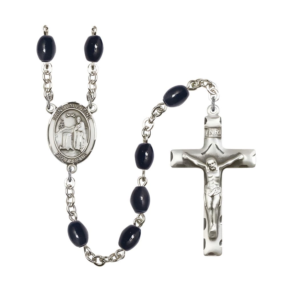 Bliss St. Valentine of Rome 8x6mm Black Onyx Bead Silver-plated Rosary with Pewter Centerpiece and Crucifix