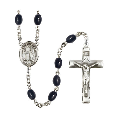 St. Valentine of Rome 8x6mm Black Onyx Bead Silver-plated Rosary with Pewter Centerpiece and Crucifix, Bliss Manufacturing
