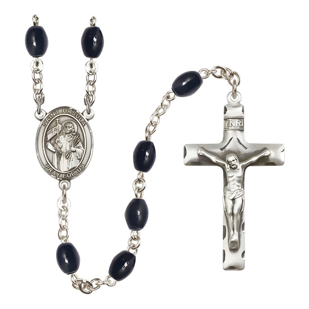 St. Ursula 8x6mm Black Onyx Silver-plated Catholic Rosary with Pewter Centerpiece and Crucifix, Made in USA by Bliss