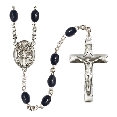 St. Ursula 8x6mm Black Onyx Silver-plated Catholic Rosary with Pewter Centerpiece and Crucifix, Bliss Manufacturing