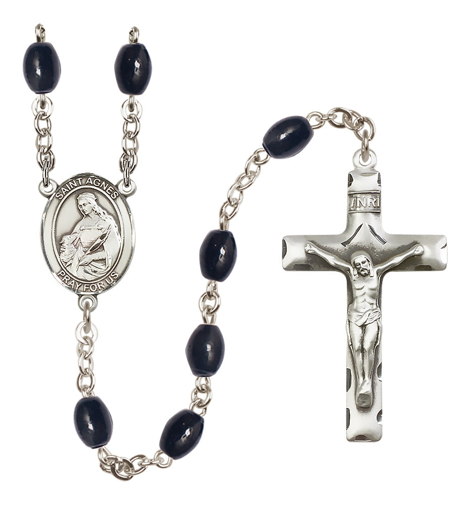 Bliss St Agnes of Rome 8x6mm Black Bead Silver-Plated Rosary