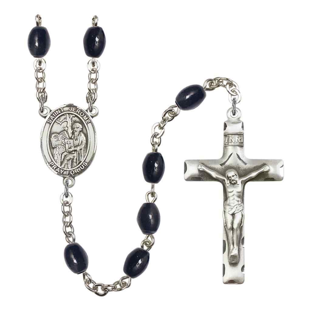 Saint Jerome 8x6mm Black Onyx Bead Rosary with Pewter Centerpiece and Crucifix in Gift Box, Made in USA by Bliss Manufacturing