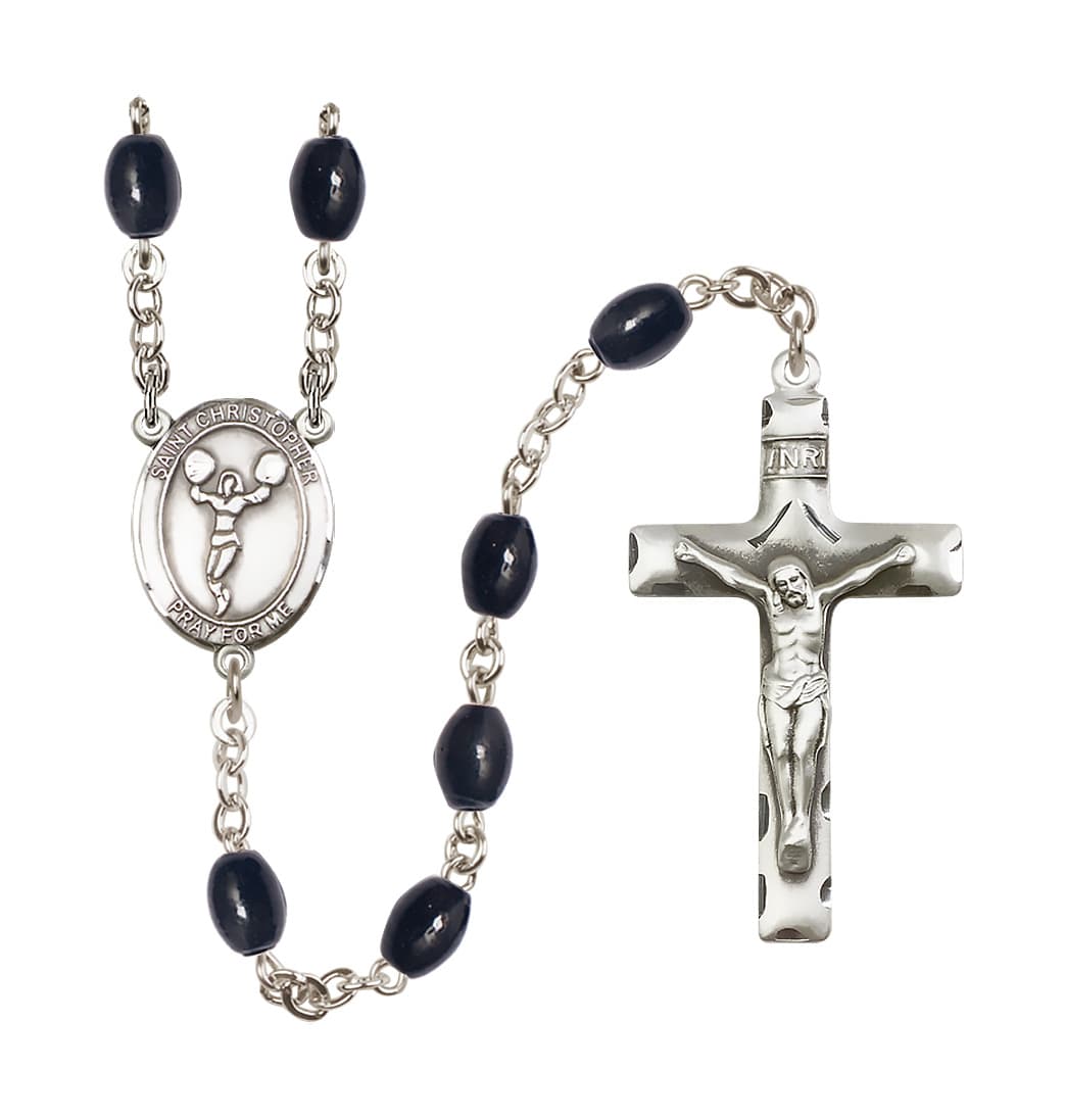 Bliss St Christopher Cheerleading 8x6mm Black Bead Rosary,